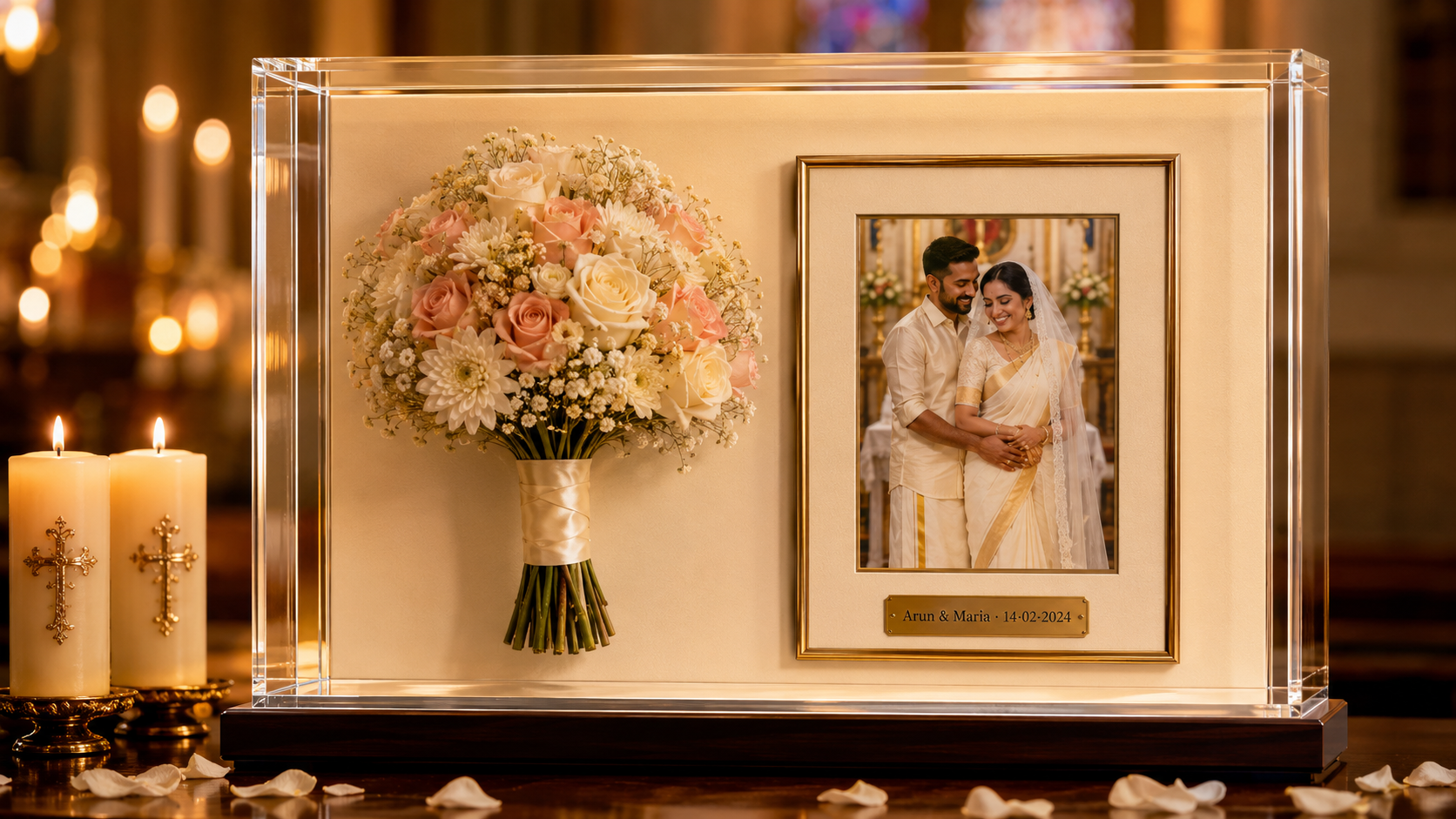 Christian wedding preservation with white rose garland and gold-framed photograph