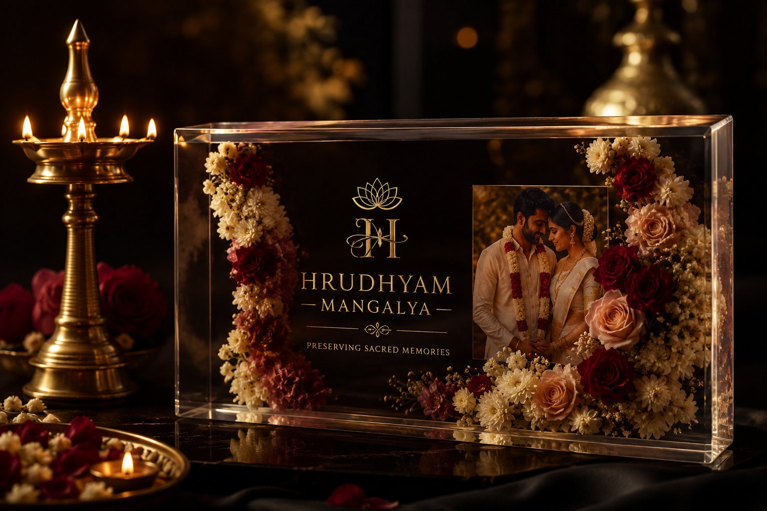 Hindu Kerala wedding preservation with rose and gypsophila garland