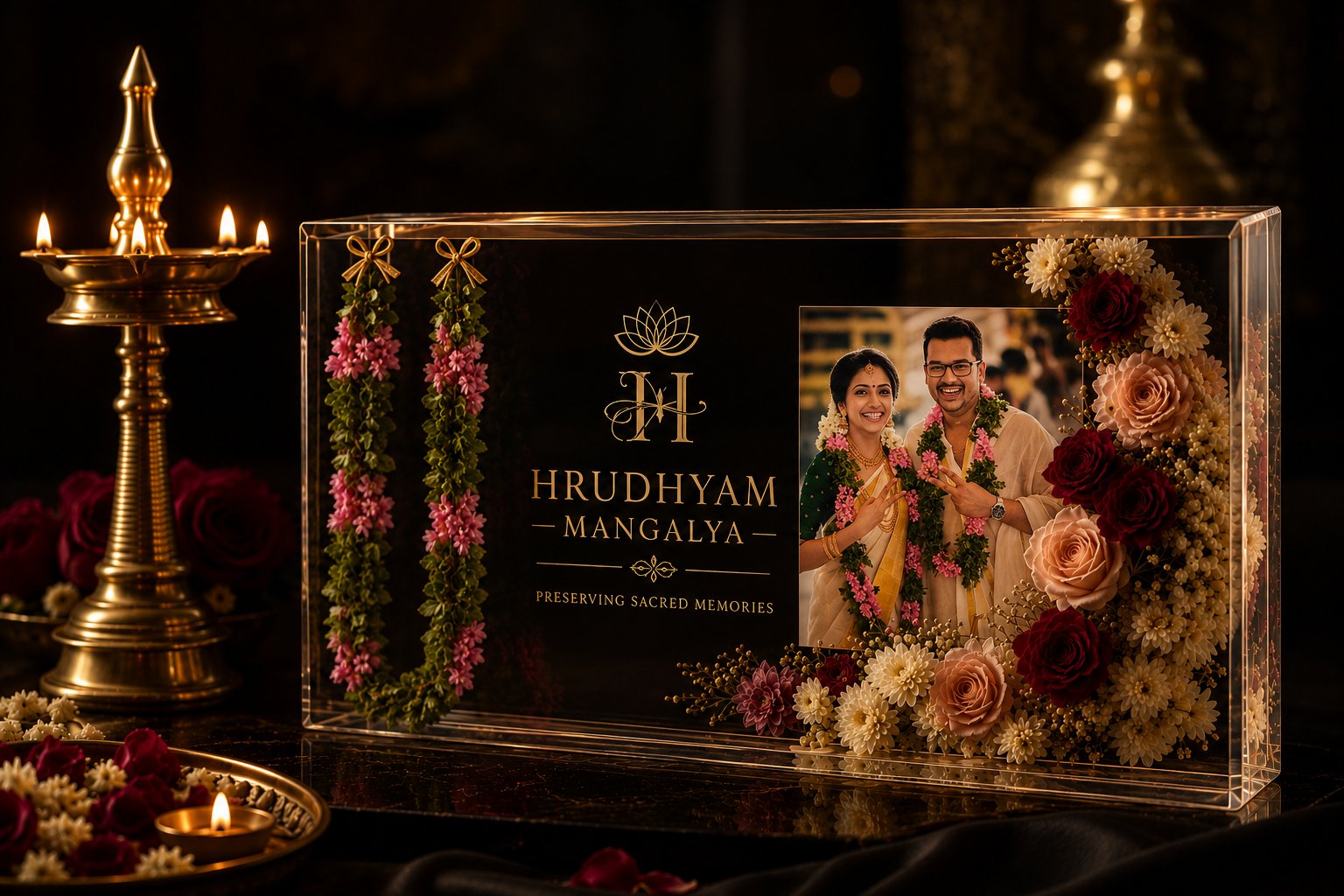 Hrudhyam Mangalya preserved wedding piece beside a Kerala brass lamp